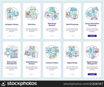 Digital skills and literacy onboarding mobile app screen set. Walkthrough 5 steps graphic instructions pages with linear concepts. UI, UX, GUI template. Myriad Pro-Bold, Regular fonts used. Digital skills and literacy onboarding mobile app screen set
