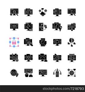 Digital skills black glyph icons set on white space. Gaining literacy competencies in digital era. Technological proficiency. Competence development. Silhouette symbols. Vector isolated illustration. Digital skills black glyph icons set on white space