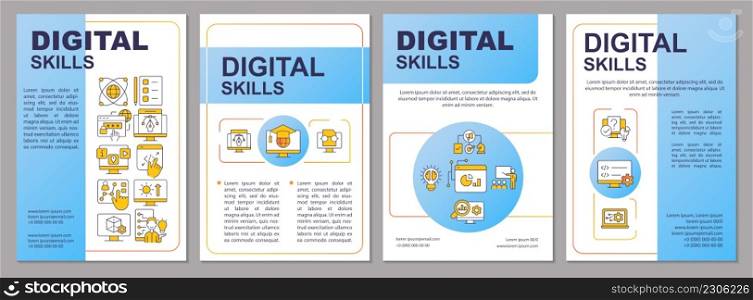 Digital skills blue brochure template. Computer literacy. Leaflet design with linear icons. 4 vector layouts for presentation, annual reports. Arial-Black, Myriad Pro-Regular fonts used. Digital skills blue brochure template