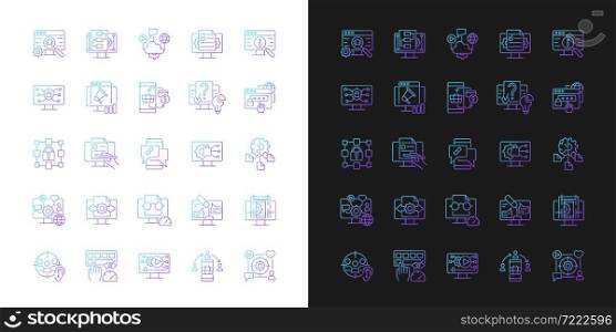 Digital skills gradient icons set for dark and light mode. Gaining literacy competencies. Thin line contour symbols bundle. Isolated vector outline illustrations collection on black and white. Digital skills gradient icons set for dark and light mode