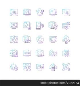 Digital skills gradient linear vector icons set. Gaining literacy competencies in digital era. Technological proficiency. Thin line contour symbols bundle. Isolated outline illustrations collection. Digital skills gradient linear vector icons set