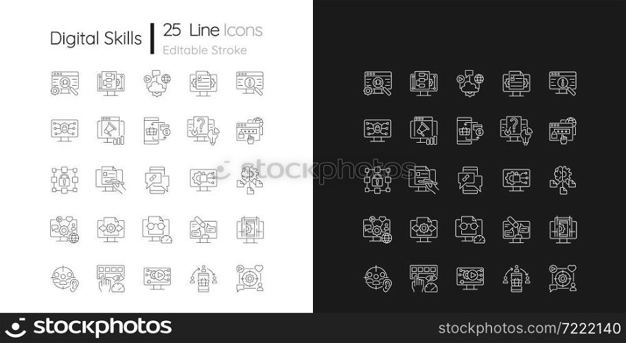 Digital skills linear icons set for dark and light mode. Gaining literacy competencies in digital era. Customizable thin line symbols. Isolated vector outline illustrations. Editable stroke. Digital skills linear icons set for dark and light mode