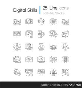 Digital skills linear icons set. Gaining literacy competencies in digital era. Technological proficiency. Customizable thin line contour symbols. Isolated vector outline illustrations. Editable stroke. Digital skills linear icons set
