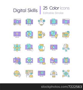 Digital skills RGB color icons set. Gaining literacy competencies in digital era. Technological proficiency. Isolated vector illustrations. Simple filled line drawings collection. Editable stroke. Digital skills RGB color icons set