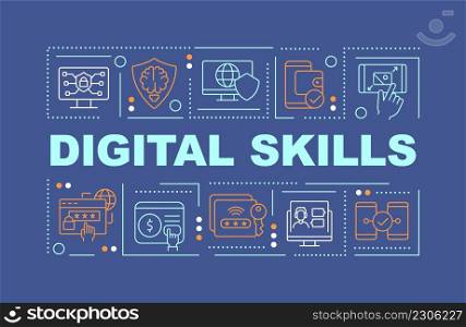 Digital skills word concepts dark blue banner. Computer literacy. Infographics with icons on color background. Isolated typography. Vector illustration with text. Arial-Black font used. Digital skills word concepts dark blue banner