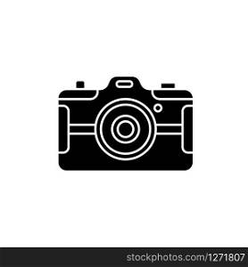 Digital still camera black glyph icon. Photography tool. Portable recording gadget. Photoshoot. Handheld electronic mobile device. Silhouette symbol on white space. Vector isolated illustration
