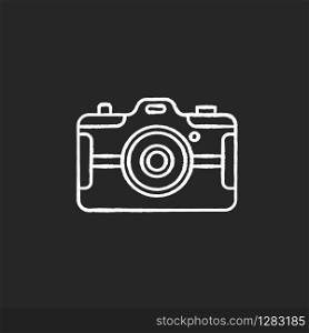 Digital still camera chalk white icon on black background. Photography tool. Portable recording gadget. Photoshoot. Technology. Handheld electronic device. Isolated vector chalkboard illustration