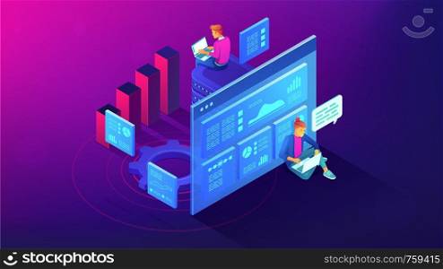 Digital strategy and planing isometric illustration. Digital marketing roadmap strategy and activities planning online marketing concept. Vector 3D illustration on ultraviolet background.. Digital strategy and planing isometric illustration.