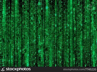 Digital stream or binary code data on matrix background, vector digits of virtual security technology. Binary code or green numbers pattern, computer cyber hacker and internet information security. Digital stream binary code data, matrix background