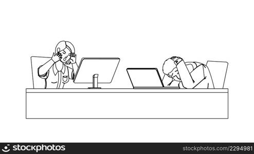 Digital Stress Feeling Employees In Office Black Line Pencil Drawing Vector. Frustrated Man And Woman Working On Computer At Workspace And Feel Digital Stress From Online Communication. Character. Digital Stress Feeling Employees In Office Vector