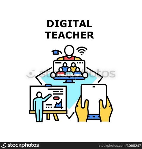 Digital Teacher Vector Icon Concept. Digital Teacher Remote Explain Educational Lesson On Computer Screen And Tablet Electronic Device. Teaching And Presenting On Blackboard Color Illustration. Digital Teacher Vector Concept Color Illustration