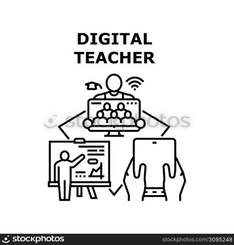 Digital Teacher Vector Icon Concept. Digital Teacher Remote Explain Educational Lesson On Computer Screen And Tablet Electronic Device. Teaching And Presenting On Blackboard Black Illustration. Digital Teacher Vector Concept Black Illustration