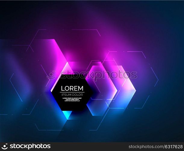 Digital techno abstract background, glowing hexagons. Digital techno abstract background, glowing hexagons, vector geometric hi-tech background with shiny light effects and figures, purple color