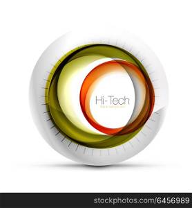 Digital techno sphere web banner, button or icon with text. Glossy swirl color abstract circle design, hi-tech futuristic symbol with color rings and grey metallic element. Digital techno sphere web banner, button or icon with text. Glossy swirl color abstract circle design, hi-tech futuristic symbol with color rings and grey metallic element. Vector illustration
