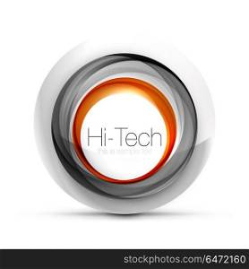 Digital techno sphere web banner, button or icon with text. Glossy swirl color abstract circle design, hi-tech futuristic symbol with color rings and grey metallic element. Digital techno sphere web banner, button or icon with text. Glossy swirl color abstract circle design, hi-tech futuristic symbol with color rings and grey metallic element. Vector illustration