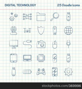 Digital Technology 25 Doodle Icons. Hand Drawn Business Icon set