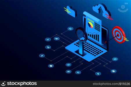 Digital technology concept. Search engine analytics SEO success flat vector banner concept. isometric