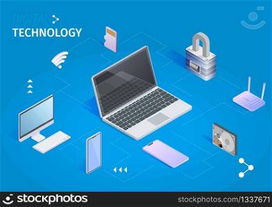 Digital Technology Horizontal Banner. Cloud Computing and Storage. Abstract Design Concept. Laptop, Cloud and Central Processing Units. Hosting and Data Processing. 3D Isometric Vector Illustration. Digital Technology Banner. Cloud Computing Storage