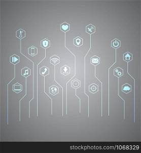 Digital technology icon vector illustration. internet of things template background. Abstract cyberspace network ecosystem innovation design. Iot, smart home connection, house control by smartphone
