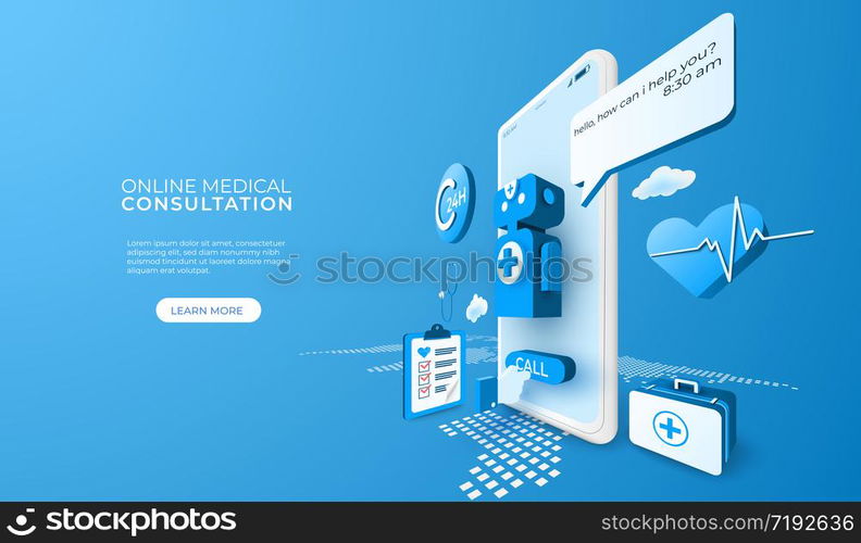 Digital technology online medical consultation. mobile application concept. people calls doctor. 3d perspective vector illustration.