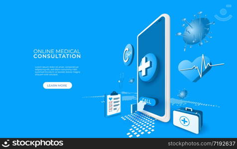 Digital technology online medical consultation with covid 19 or coronavirus. mobile app concept. people calls doctor. 3d perspective vector illustration.