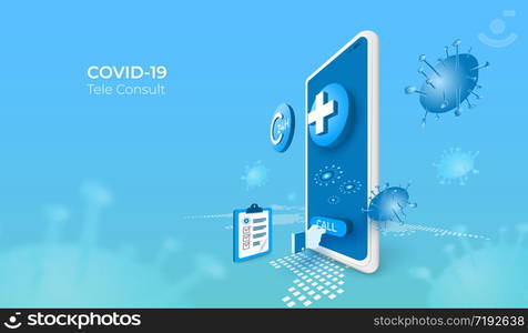 Digital technology online medical consultation with covid 19 or coronavirus. mobile app concept. people calls doctor. 3d perspective vector illustration.