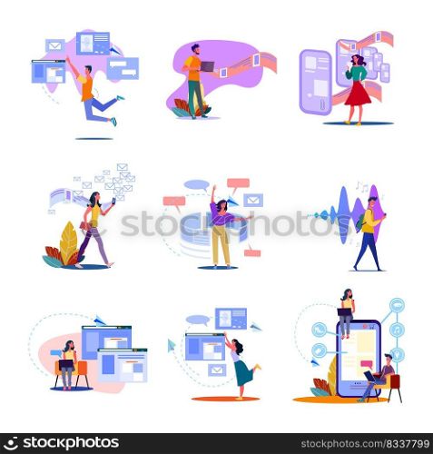 Digital technology set. Man and woman using smartphones, laptop for work, wireless internet. Flat vector illustrations. Communication concept for banner, website design or landing web page