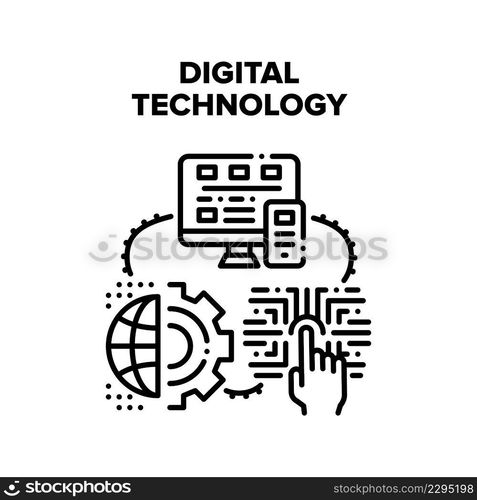 Digital Technology Vector Icon Concept. Computer And Smartphone, Fingerprint and Face Id Safety Modern Digital Technology. Electronic Device For World Communication Black Illustration. Digital Technology Vector Black Illustration