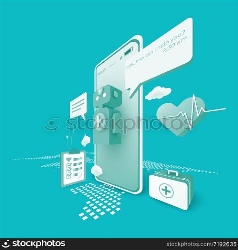 Digital technology with artificial intelligence. mobile application online medical with chat bot. vector 3d perspective illustration.