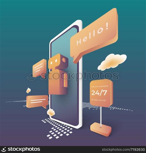 Digital technology with artificial intelligence. mobile application online service with chat bot and consulting. vector 3d perspective illustration.