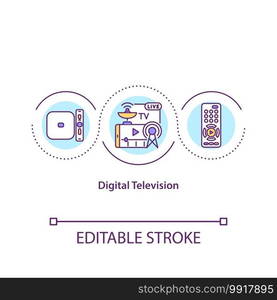 Digital television concept icon. Online service for multimedia. Watch video on TV. Journalism idea thin line illustration. Vector isolated outline RGB color drawing. Editable stroke. Digital television concept icon