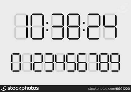 Digital time clock. Numbers for timer, calculator and watch display. Font of digit for counter. Black numbers isolated on white board. Type of digits for countdown. Web graphic for clock. Vector.. Digital time clock. Numbers for timer, calculator and watch display. Font of digit for counter. Black numbers isolated on white board. Type of digits for countdown. Web graphic for clock. Vector