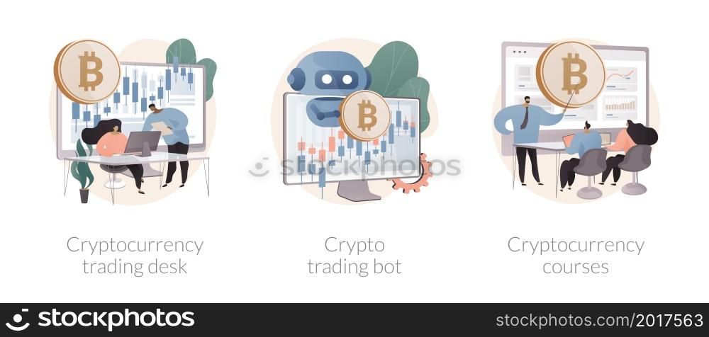 Digital tokens abstract concept vector illustration set. Cryptocurrency trading desk, crypto trading bot, trading courses, bitcoin futures, financial technology, blockchain ICO abstract metaphor.. Digital tokens abstract concept vector illustrations.
