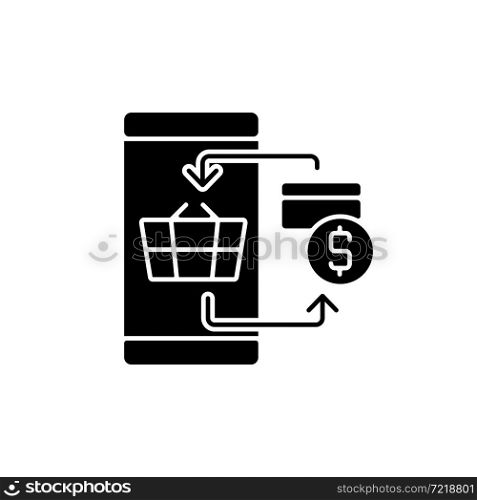 Digital transacting black glyph icon. E-commerce payment system. Pay for goods with credit card. Internet banking. Contactless payment. Silhouette symbol on white space. Vector isolated illustration. Digital transacting black glyph icon