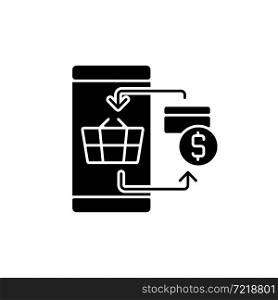 Digital transacting black glyph icon. E-commerce payment system. Pay for goods with credit card. Internet banking. Contactless payment. Silhouette symbol on white space. Vector isolated illustration. Digital transacting black glyph icon