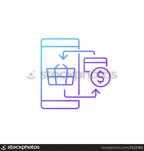 Digital transacting gradient linear vector icon. E-commerce payment system. Paying for goods with credit card. Thin line color symbol. Modern style pictogram. Vector isolated outline drawing. Digital transacting gradient linear vector icon