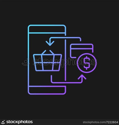 Digital transacting gradient vector icon for dark theme. E-commerce payment system. Paying for goods with credit card. Thin line color symbol. Modern style pictogram. Vector isolated outline drawing. Digital transacting gradient vector icon for dark theme