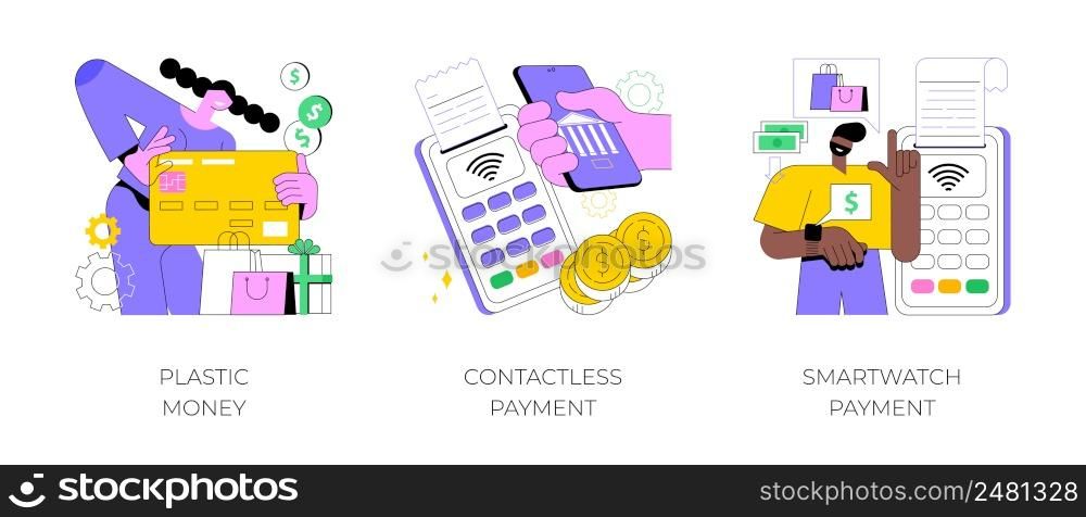 Digital transactions abstract concept vector illustration set. Plastic money, contactless smartwatch payment, credit and debit card, smartphone banking application, smart technology abstract metaphor.. Digital transactions abstract concept vector illustrations.