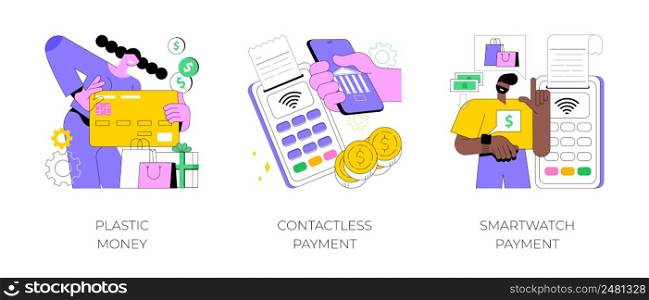 Digital transactions abstract concept vector illustration set. Plastic money, contactless smartwatch payment, credit and debit card, smartphone banking application, smart technology abstract metaphor.. Digital transactions abstract concept vector illustrations.