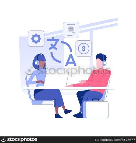 Digital translator isolated concept vector illustration. Group of diverse people talks and wears headsets, international business travel, negotiation process, language barrier vector concept.. Digital translator isolated concept vector illustration.
