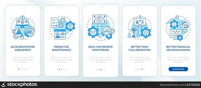 Digital twin benefits blue onboarding mobile app screen. Remote monitor walkthrough 5 steps graphic instructions pages with linear concepts. UI, UX, GUI template. Myriad Pro-Bold, Regular fonts used. Digital twin benefits blue onboarding mobile app screen
