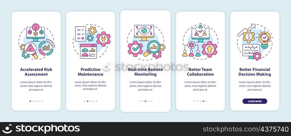 Digital twin benefits onboarding mobile app screen. Risk assessment walkthrough 5 steps graphic instructions pages with linear concepts. UI, UX, GUI template. Myriad Pro-Bold, Regular fonts used. Digital twin benefits onboarding mobile app screen