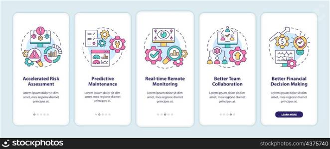 Digital twin benefits onboarding mobile app screen. Risk assessment walkthrough 5 steps graphic instructions pages with linear concepts. UI, UX, GUI template. Myriad Pro-Bold, Regular fonts used. Digital twin benefits onboarding mobile app screen