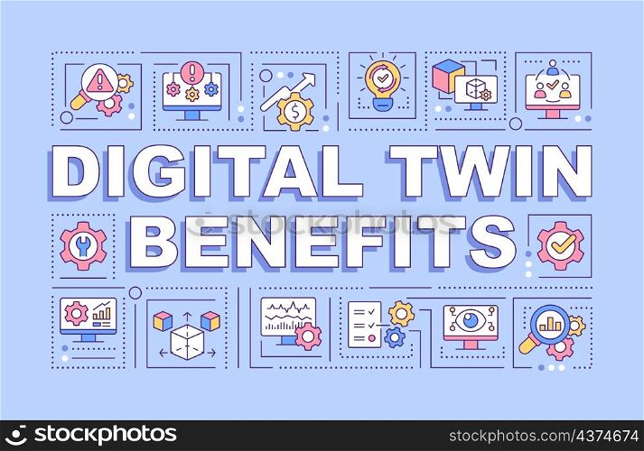 Digital twin benefits word concepts purple banner. Smart industry. Infographics with linear icons on background. Isolated typography. Vector outline color illustration with text. Arial-Black font used. Digital twin benefits word concepts purple banner