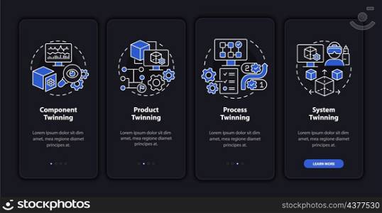 Digital twin levels night mode onboarding mobile app screen. Walkthrough 4 steps graphic instructions pages with linear concepts. UI, UX, GUI template. Myriad Pro-Bold, Regular fonts used. Digital twin levels night mode onboarding mobile app screen