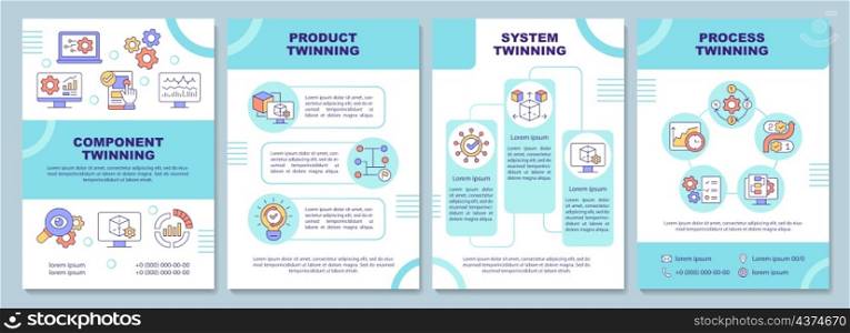Digital twin levels turquoise brochure template. Twinning. Booklet print design with linear icons. Vector layouts for presentation, annual reports, ads. Arial-Black, Myriad Pro-Regular fonts used. Digital twin levels turquoise brochure template