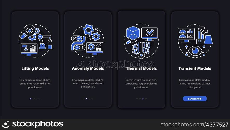 Digital twin models night mode onboarding mobile app screen. Walkthrough 4 steps graphic instructions pages with linear concepts. UI, UX, GUI template. Myriad Pro-Bold, Regular fonts used. Digital twin models night mode onboarding mobile app screen