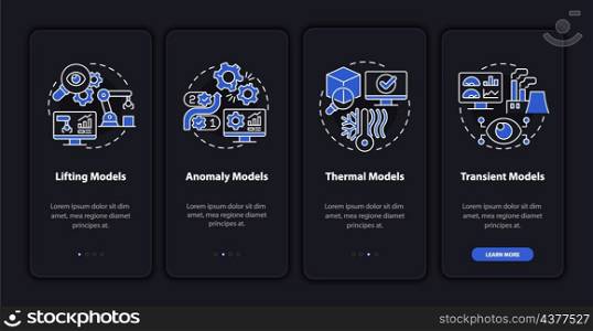 Digital twin models night mode onboarding mobile app screen. Walkthrough 4 steps graphic instructions pages with linear concepts. UI, UX, GUI template. Myriad Pro-Bold, Regular fonts used. Digital twin models night mode onboarding mobile app screen