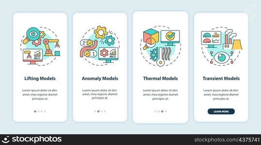 Digital twin models onboarding mobile app screen. Manufacturing process walkthrough 4 steps graphic instructions pages with linear concepts. UI, UX, GUI template. Myriad Pro-Bold, Regular fonts used. Digital twin models onboarding mobile app screen