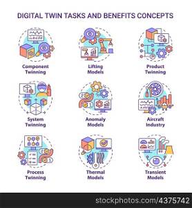 Digital twin tasks and benefits concept icons set. Creating simulations idea thin line color illustrations. Isolated outline drawings. Editable stroke. Roboto-Medium, Myriad Pro-Bold fonts used. Digital twin tasks and benefits concept icons set